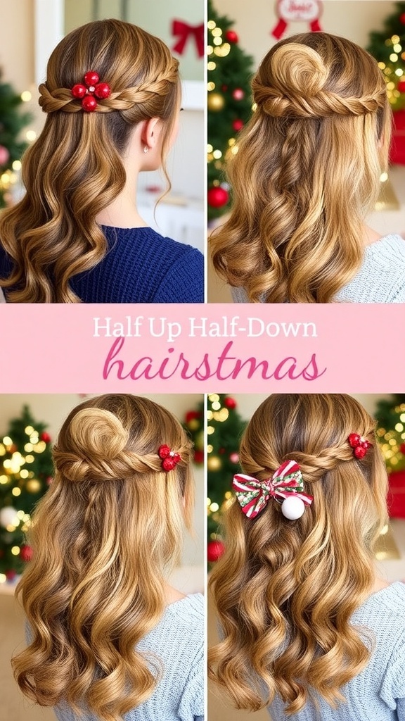 Collage of half up half down hairstyles for Christmas, including twisted updos, braided styles, and festive accessories.